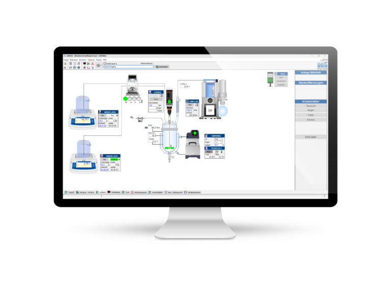 Bildschirm mit der Benutzeroberfläche einer Automatisierungssoftware, die ein Laborprozessschema darstellt. Zu sehen sind verbundene Laborgeräte wie Waagen, Reaktoren und Sensoren, sowie Bedienelemente zur Steuerung und Überwachung der Prozesse.
